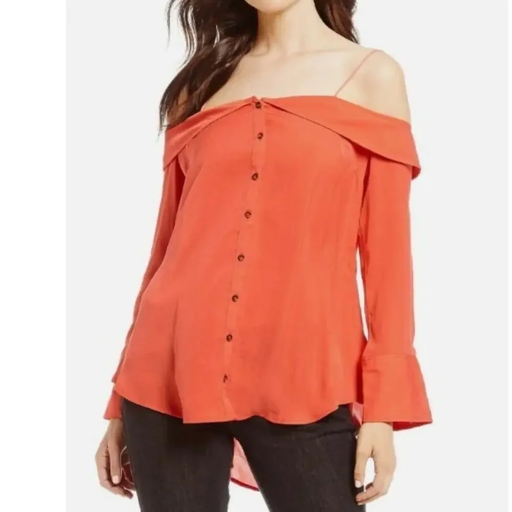 Free People Walk This‎ Way Blouse Coral Off Shoulder Layered  Small Peasant Boho